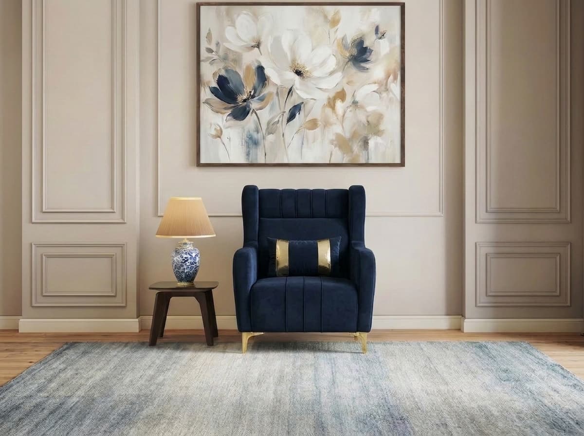 Luxury Blue Velvet Wingback Armchair with Gold Accents