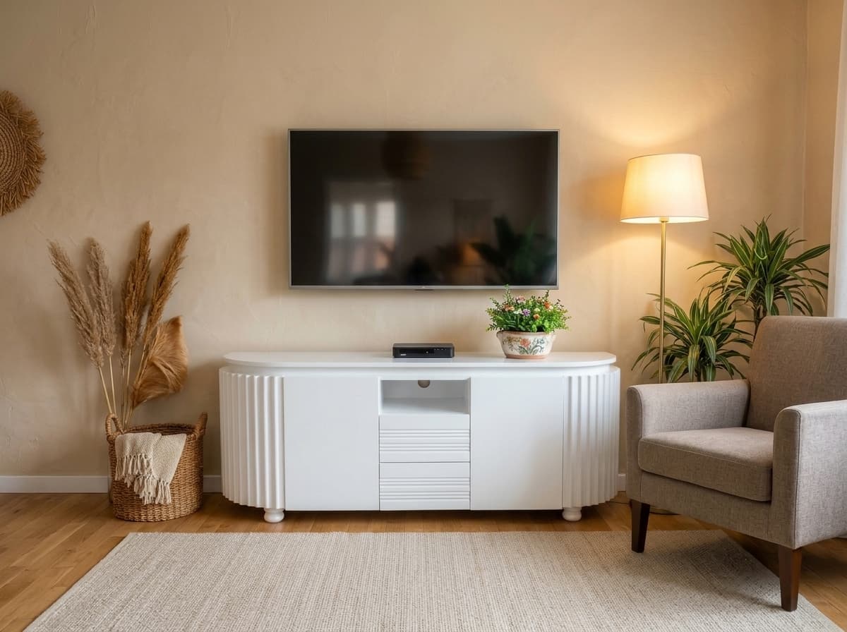 Scandinavian-inspired engineered wood media console front view