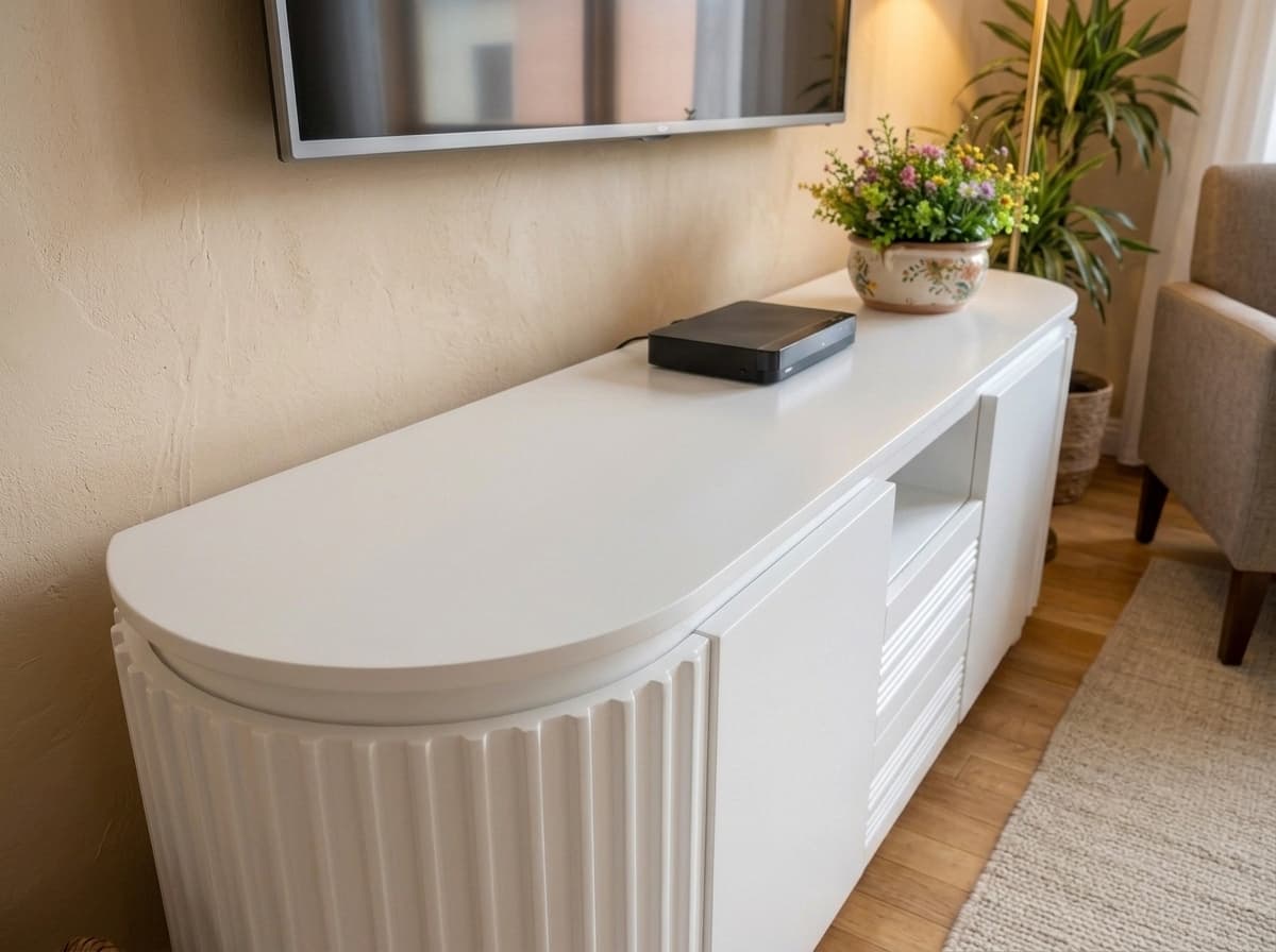 Scandinavian-inspired engineered wood media console side view